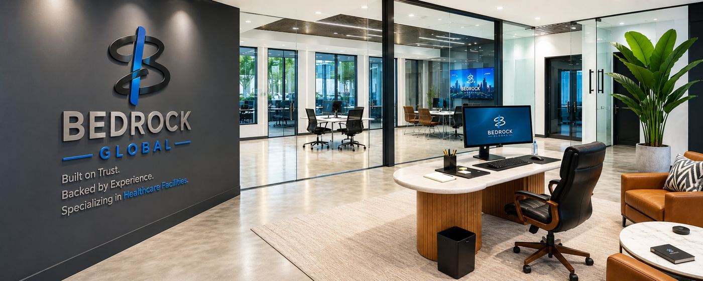 Bedrock Global office with branded logo wall, glass conference rooms, and modern workspace